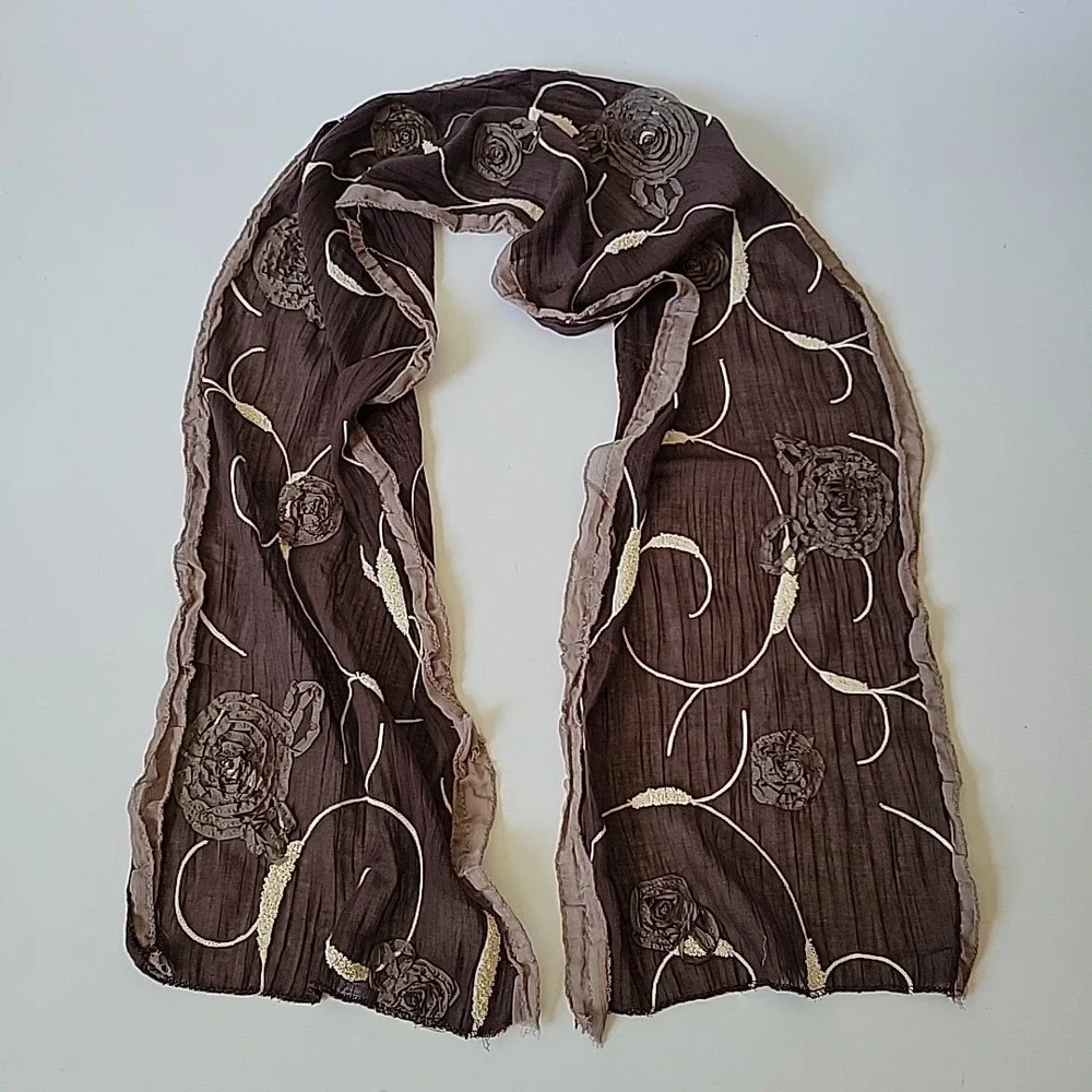 Embroidered Applique Flowers Rectangle Scarf Brown Artsy Bohemian Wearable Art